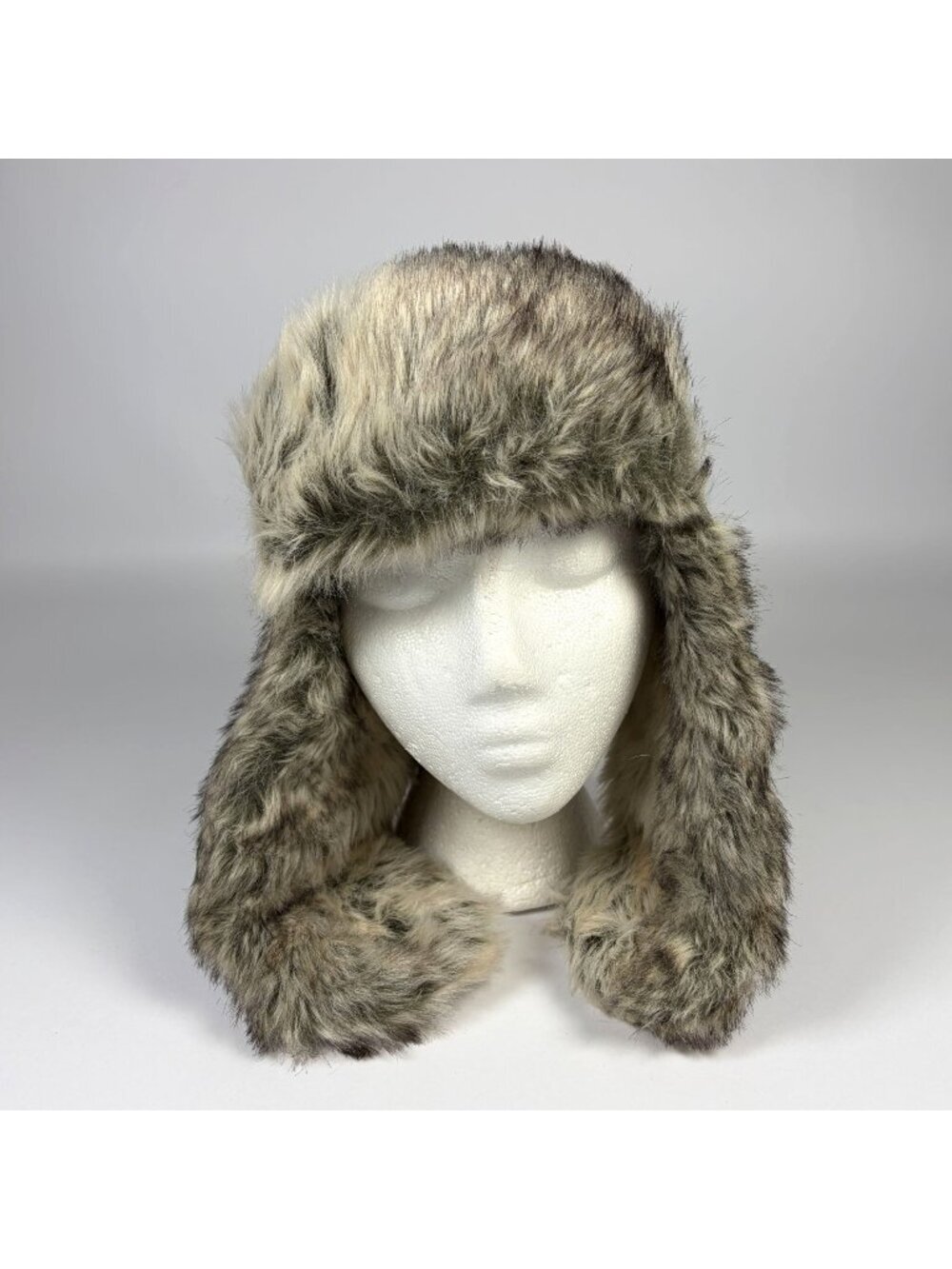 Woolrich Plaid Trapper Hat Faux Fur Lined Ear Flaps Gray Brown Wool Blend S